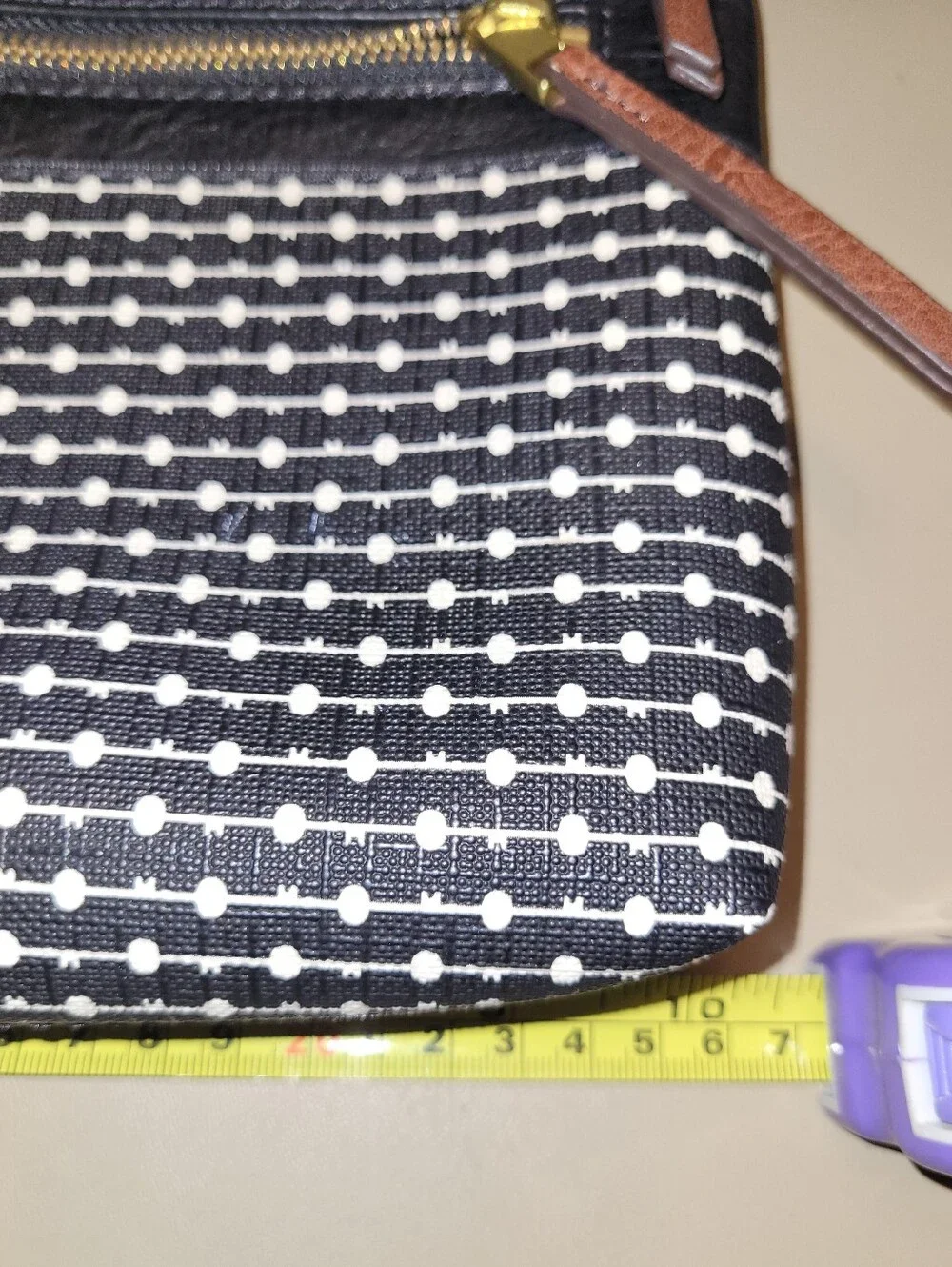 Fossil Black & White Patterned Crossbody with Brown Strap.